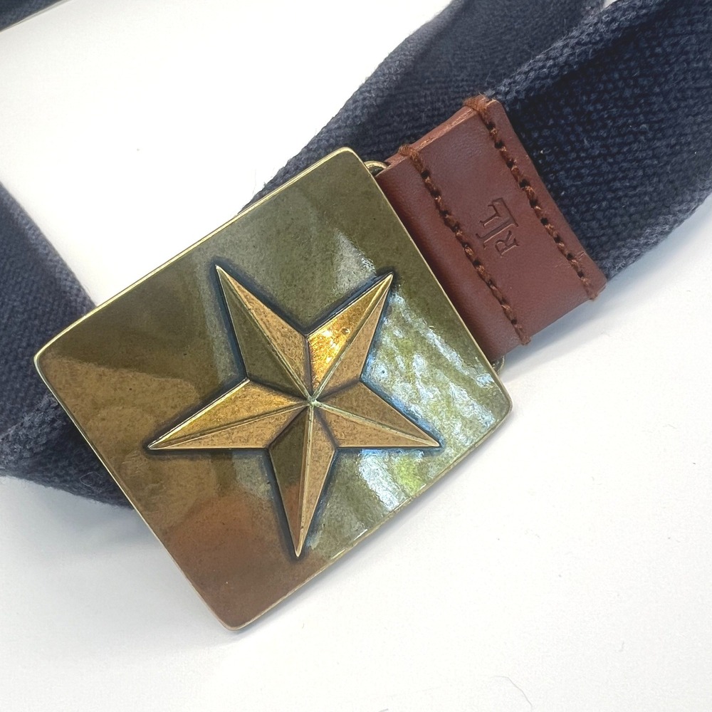 Lauren Ralph Lauren Cloth Belt Star Buckle Navy Brown Leather Vintage Y2K